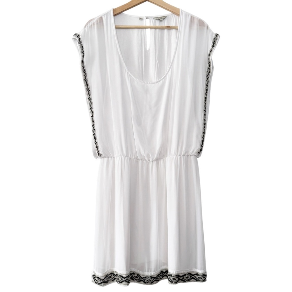 GUESS Y2K White Sleeveless Beaded Trim Blouson Mini Dress Cinched‎ Elastic Waist